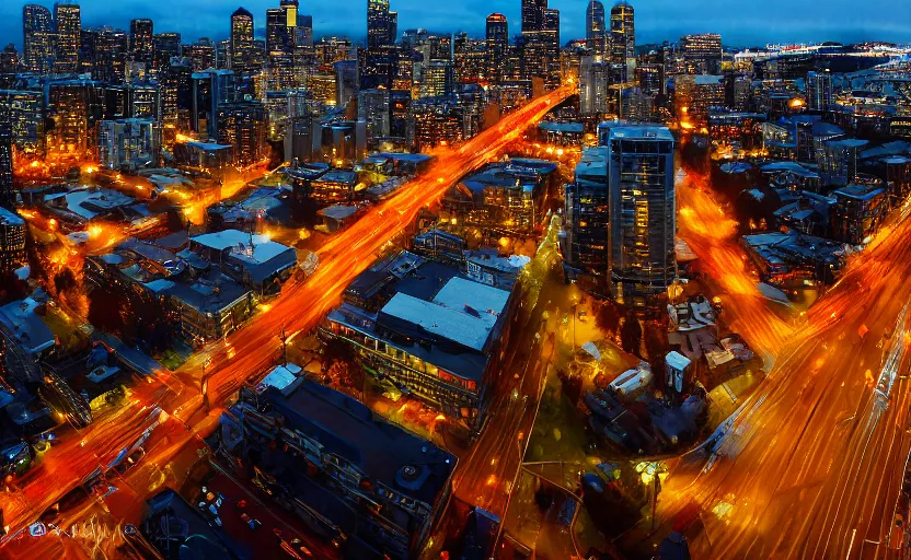 Image similar to 2011 Seattle rainy afternoon, aerial view , aerial view Cinestill 800t 18mm, heavy grainy picture, very detailed, high quality, 4k panoramic, billboards and streetlight at night, rain, mud, foggy