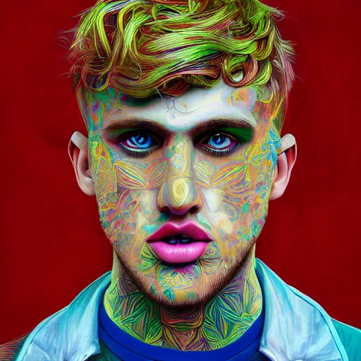 Image similar to an extremely psychedelic portrait of jake paul, surreal, lsd, face, detailed, intricate, elegant, lithe, highly detailed, digital painting, artstation, concept art, smooth, sharp focus, illustration