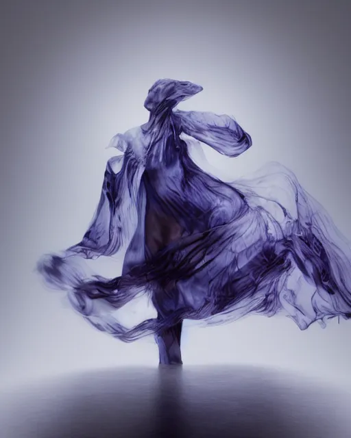 Image similar to mid shot render of an ethereal ghostlike figure fluid simulation in houdini dancing in dark smoke robes and silk veils by ilm, paolo roversi, nick knight, gill elvgren, beautiful futuristic simplified form distorted by turbulent movement, dark studio background, deep color, trending on artstation, hyperrealism, matte painting, dutch golden age, fine detail, cgsociety