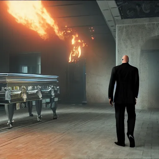 Image similar to agent 4 7 crashing his own funeral, hitman, unreal engine 5, 4 k, anti aliasing