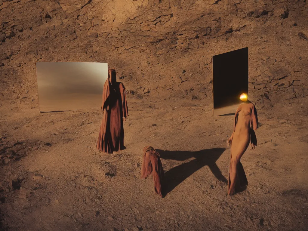 Prompt: levitating women with full - face golden mask and glowing eyes in a dry rocky desert landscape, visible sky and sunny atmosphere, fata morgana giant mirrors by alejandro jodorowsky, anamorphic lens, kodakchrome, cinematic composition, practical effects, 8 k,