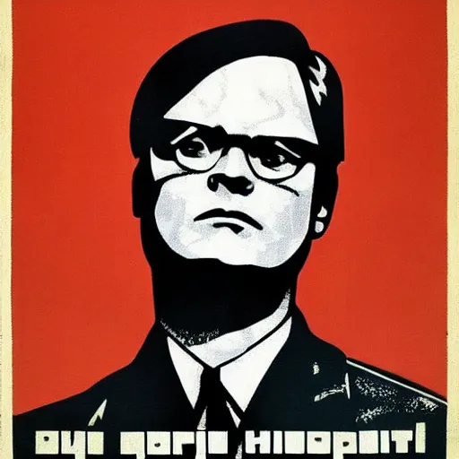 Image similar to dwight schrute russian propaganda poster 1 9 6 0 s