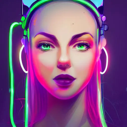 Prompt: cute young woman with robot ears and eyes, 4k, sharp focus, neon colored fluorescent lighting, jordan grimmer