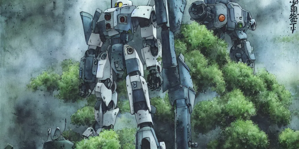 Image similar to Abandoned mecha overgrown with moss, oppressive atmosphere, low contrast, cloudy, Hideaki Anno, watercolor, Patlabor, Gunbuster