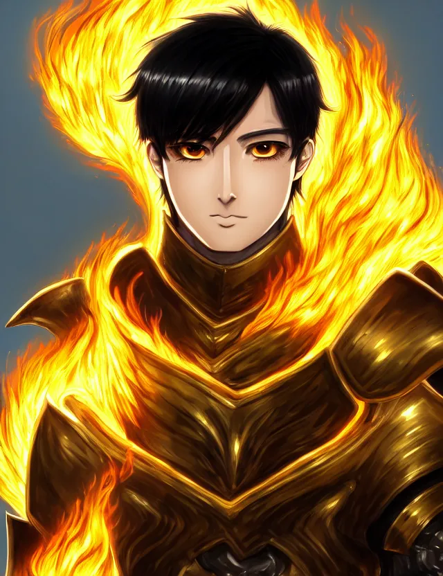 Image similar to a detailed manga portrait of a black haired man with hazel eyes in gleaming golden armour that burns with golden fire, trending on artstation, digital art, 4 k resolution, detailed, high quality, sharp focus, hq artwork, coherent, insane detail, character portrait