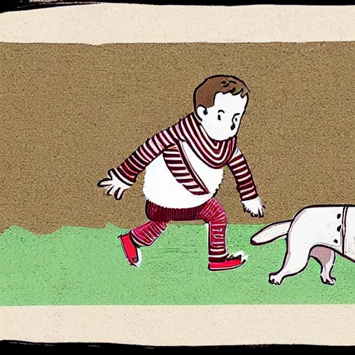 Image similar to illustration of french boy in paris playing football against a corgi, the corgi is wearing a polka dot scarf