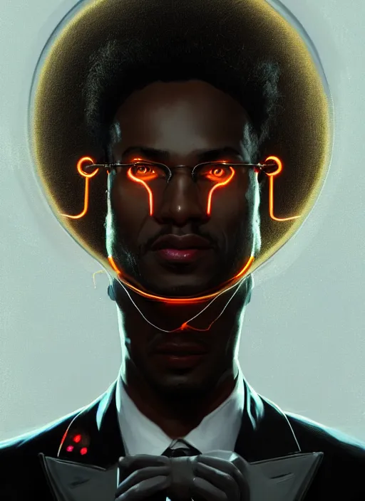 Prompt: portrait of handsome black man in tailored suit with telekinetic powers, afro - futurist style, intricate three dimensional displays, elegant, glowing lights, highly detailed, digital painting, artstation, concept art, smooth, sharp focus, illustration, art by wlop, mars ravelo and greg rutkowski