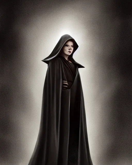 Image similar to half body shot, 1 8 years old dark lord of the sith judy garland wearing a hooded jedi cloak, with long black hair standing in deathstar hallway, rim light, volumetric lighting, digital painting, artstation, concept art, smooth, sharp focus, illustration, art by arney freytag, glamour pose, greg rutkowski, soft ambient lighting, particle effects