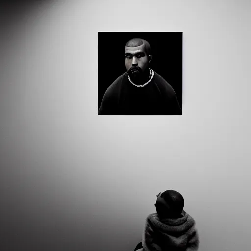 Image similar to a ( ( chiaroscuro lighting portrait ) ) of kanye west ( ( ( ( ( dressed as teddy bear mascot ) ) ) ) ), black background, portrait by julia margaret cameron, shallow depth of field, 8 0 mm, f 1. 8