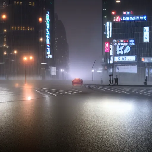 Image similar to tesla in tokyo at a foggy and rainy night, realistic 4 k