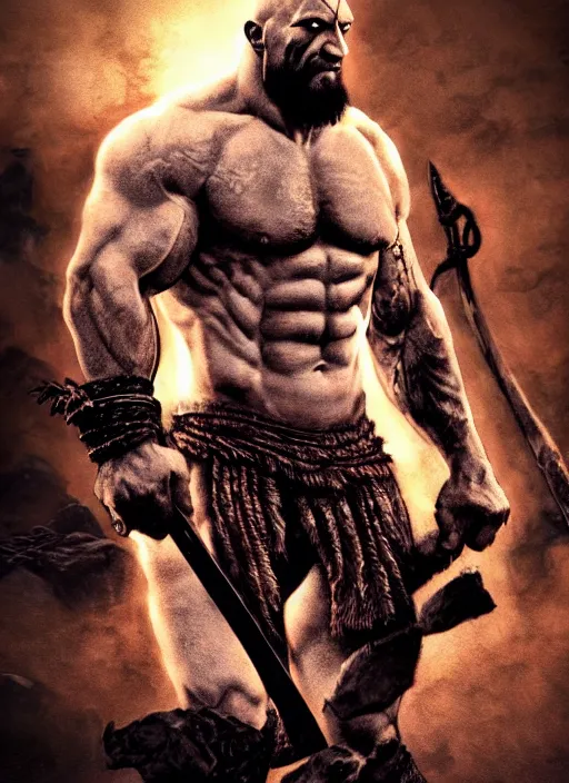 Prompt: a highly detailed beautiful 3 5 mm closeup photo of dwayne johnson kratos hybrid god of war holding a sword and fighting zombies on a pile of human skulls, spartan warrior, olympian god, muscular!, frank frazetta, boris vallejo, action pose, ambient lighting, volumetric lighting, octane, fantasy