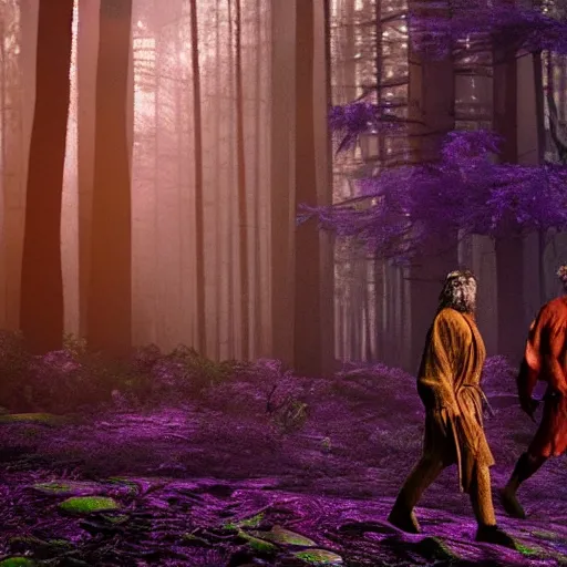 Prompt: a sabretooth tiger walking next to a druid in a purple robe. forest scene. cinematic. epic. octane render. trending.