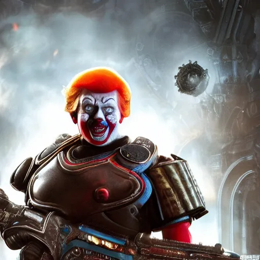 Image similar to donald trump as a clown in gears of war, splash art, movie still, cinematic lighting, ray tracing, detailed clown face, octane render, long lens, shallow depth of field, bokeh, anamorphic lens flare, 8 k, hyper detailed, 3 5 mm film grain