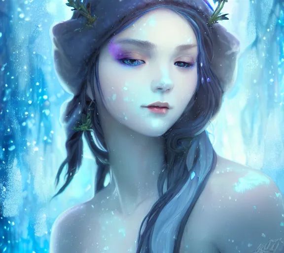 Image similar to beautiful ancient frost witch, blue fire in eye, snow glow, pool party, highly detailed, digital painting, artstation, sharp focus, illustration, art by tan zi and ayanamikodon and alphonse mucha and wlop!