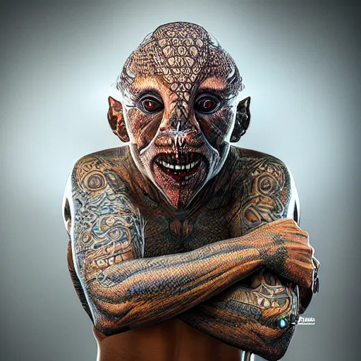 Prompt: sacred geometry monster eating humans photographed by terry richarson, unreal engine, portrait, f / 2. 8, 1 6 k, perfectionism, halfrear lighting, insanely detailed and intricate, hypermaximalist, hyper realistic, super detailed