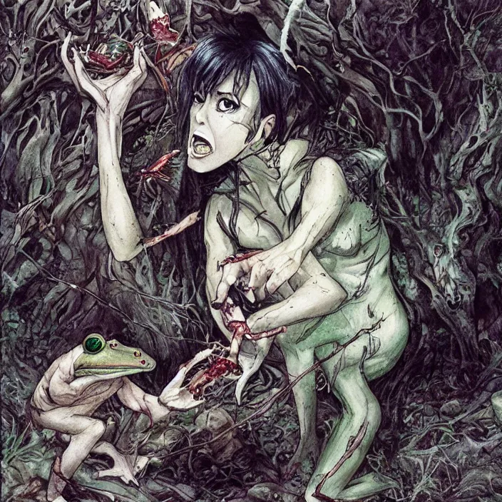 Image similar to Carnivore godlike fairy eating a frog alive, Junji Ito and Greg rutkowski