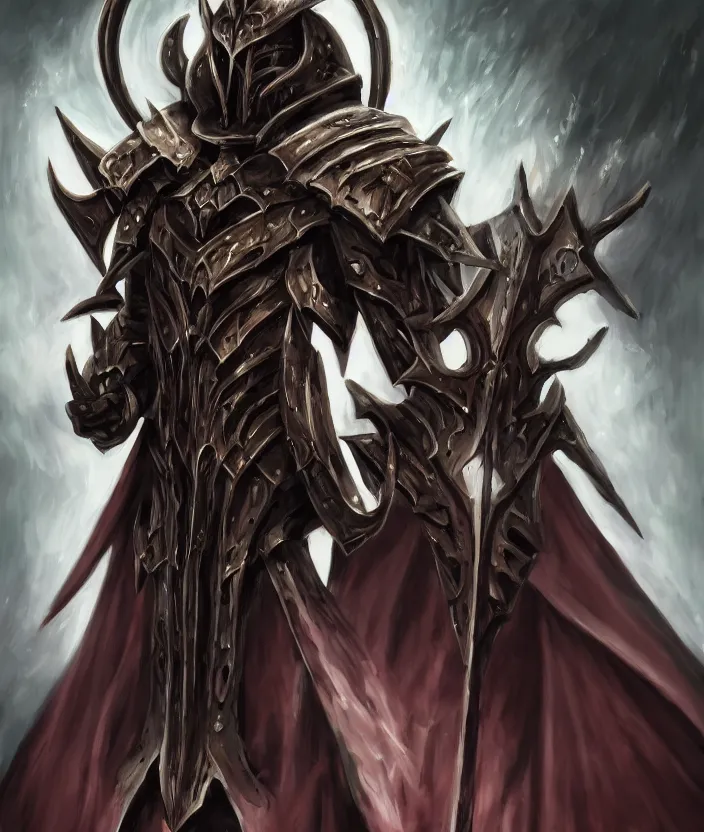 Prompt: overlord anime ainz ooal gown wears daedric armor, oil painting!!!, runes, overlord!!!, magic, dark, gloomy, portrait, concept art, symmetrical, 4 k, macro detail, stride, realistic shadows, concept art, bloom, cosplay, elderscrolls, anime