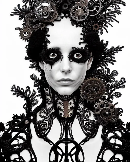 Image similar to surreal black and white photo portrait of complex bio-mechanical beautiful young female vegetal-cyborg with a Mandelbrot fractal steampunk metal fine lace face, a very long neck and a fine metal floral foliage super big lace collar by Alexander McQueen:: smoke, high fashion, haute couture, rococo, steampunk, silver filigree details, anatomical, facial muscles, cable wires, microchip, elegant, dreamy, foggy atmosphere, hyper realistic, 150 mm lens, soft rim light, octane render, unreal engine, picture was taken in 1910 by Man Ray, volumetric lighting, dramatic light,8k,