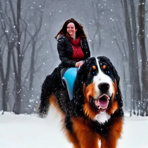 Image similar to girl riding giant Bernese Mountain Dog in the snow, trending on artstation