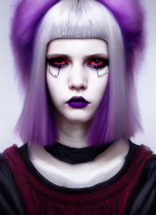 Image similar to portrait of white teenage girl, normal face, white bangs, mall goth, cyberlox, black and white hair, bangs, fluffy bangs, red contact lenses, purple lipstick, intricate, elegant, highly detailed, digital painting, artstation, concept art, sharp focus, smooth, illustration, art by wlop, mars ravelo and greg rutkowski