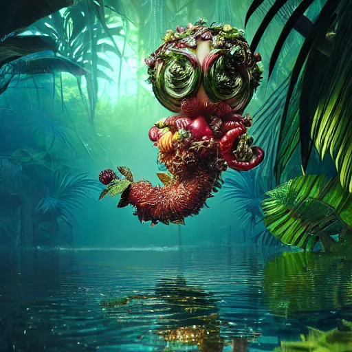 Image similar to tropical fruit creature in a lush trunda vegetation, water reflection, night, backlit, warm tones, bioluminescent : by michal karcz, daniel merriam, victo ngai and guillermo del toro : ornate, dynamic, particulate, intricate, elegant, highly detailed, centered, artstation, smooth, sharp focus, octane render, 3 d