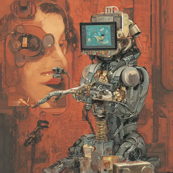 Image similar to robot artist painting a self - portrait on a canvas. intricate, highly detailed, digital matte painting, in the style of alexandros pyromallis, and in the style of sachin teng, and in the style of hans thoma, and in the style of william andrew loomis. irony, recursion, inspiration.