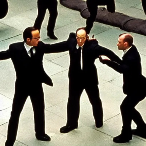 Prompt: Many instances of Agent Smith from The Matrix fighting each other, top post of all time on /r/AccidentalRenaissance subreddit