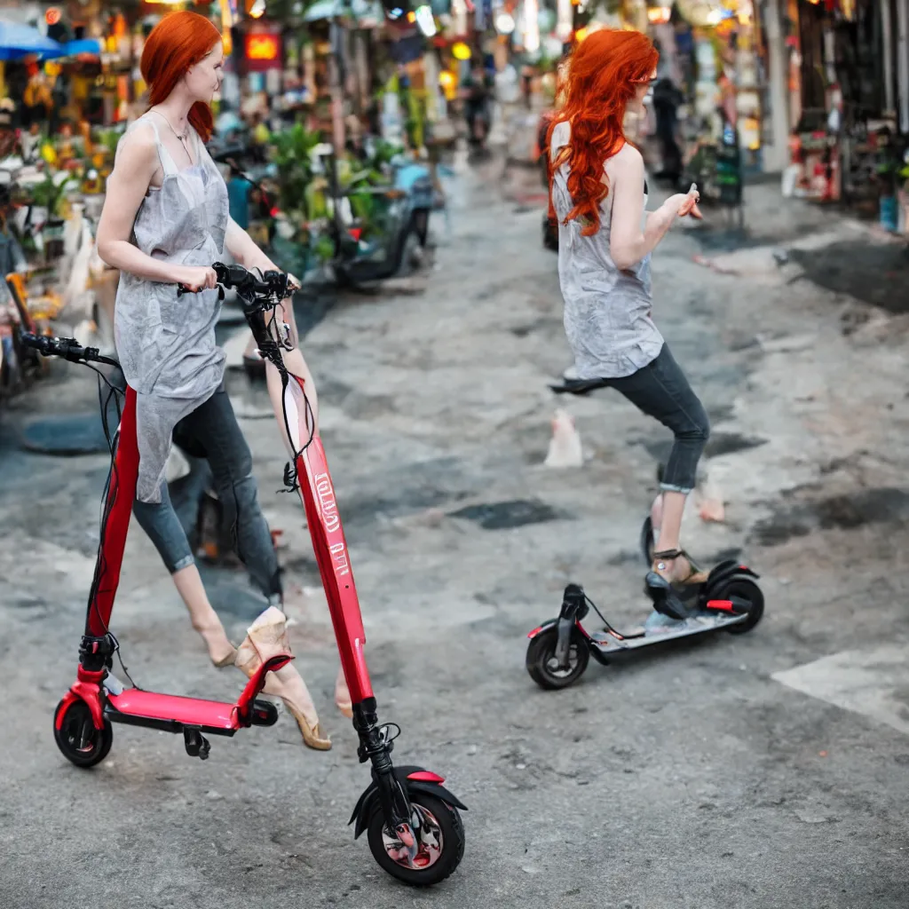 Image similar to redhead woman nearby electric scooter on neon street