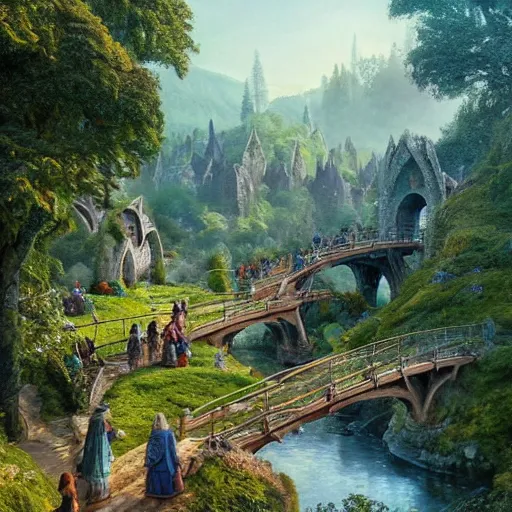 Prompt: hobbits with dwarves and a wizard walk along the bridge to rivendell, the elves warmly welcome them, very beautiful elves'settlements are visible in the trees in the distance, blue clear sky, vivid color, highly detailed, digital painting, artstation, matte, sharp focus, impressionnisme, art by shishkin and kuindzhi