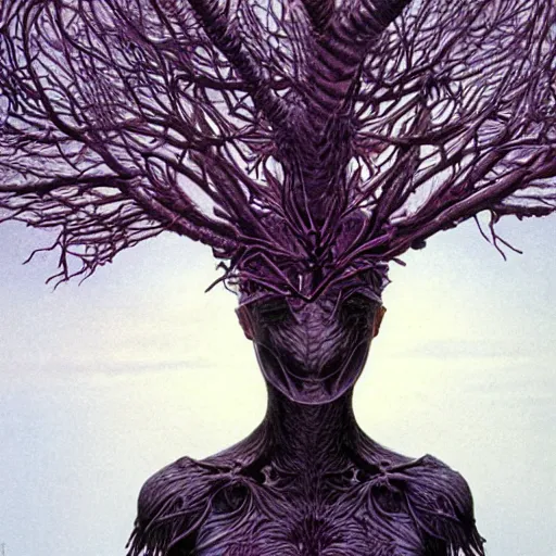 Prompt: a woman with a crown of twisted branches, by Wayne Barlowe