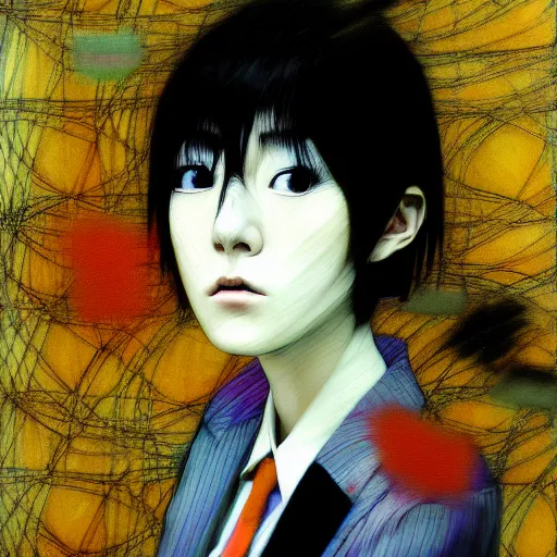 Image similar to yoshitaka amano blurred and dreamy realistic three quarter angle portrait of a young woman with short hair and black eyes wearing office suit with tie, junji ito abstract patterns in the background, satoshi kon anime, noisy film grain effect, highly detailed, renaissance oil painting, weird portrait angle, blurred lost edges