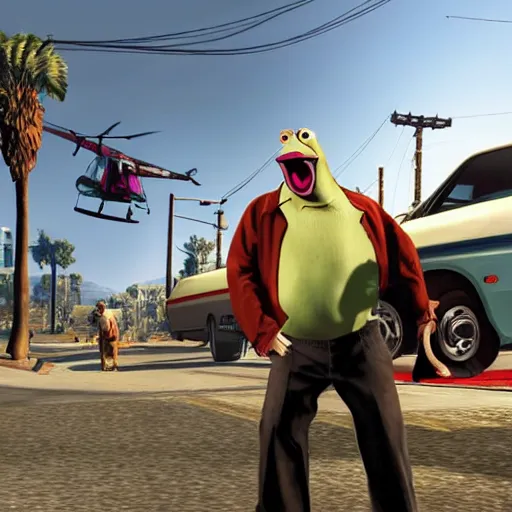 Prompt: a screenshot from GTA V with muppets, photorealistic