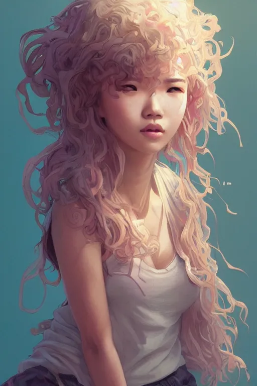 Image similar to portrait of a cute Thai girl with a messy curly hair, pastel hair, streetwear fashion, highly detailed, digital painting, artstation, concept art, sharp focus, illustration, art by artgerm and greg rutkowski and alphonse mucha