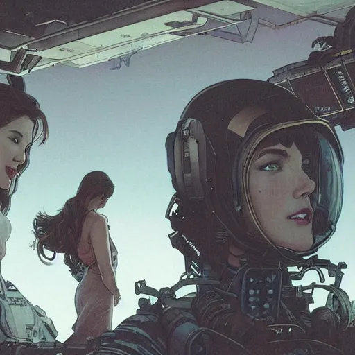 Prompt: rough stained paper, back view of two women space travelers in flight suits, a goth brunette with wings, and a short - haired blonde butch engineer, empty abandoned ancient city of dark skyscrapers, highly detailed, by artgerm and greg rutkowski and alphonse mucha and junji ito, global illumination, sad, romantic, science fiction, dark vintage