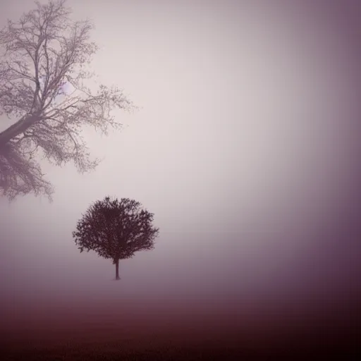 Prompt: lonely tree, lone tree, single tree, surreal, mindscape, dreamscape, magical tree, sad, lonely, mist, fog, smog, light dispersion