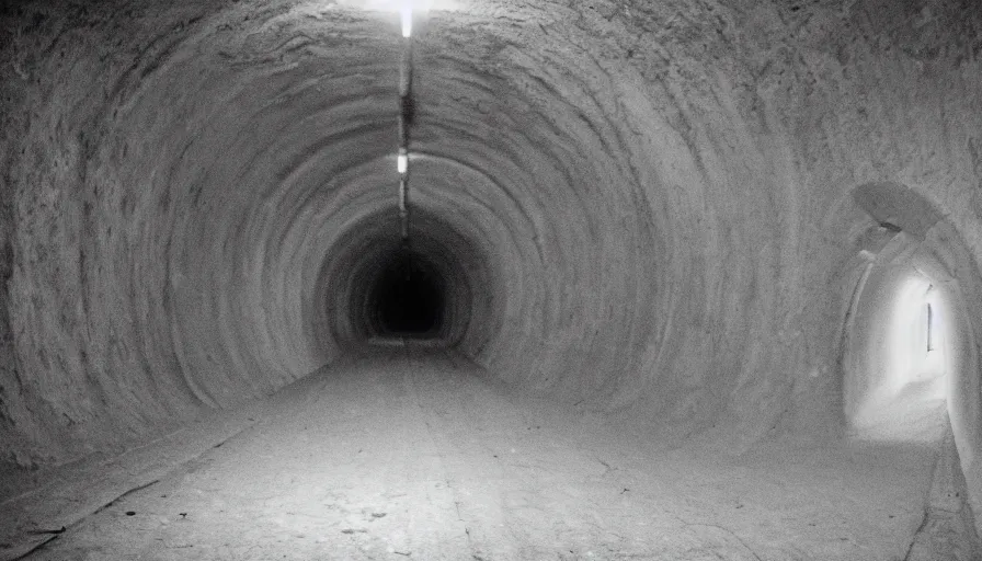 Prompt: portrait of a white female phantom an empty soviet tunnel, early black and white 8mm, heavy grain, high quality, liminal space style