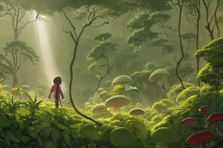 Prompt: insane perspective down view of a young adventurer on a large open path entering a vast paradise jungle with a distant clearing, giant mushrooms, large white birds flying, exotic vegetation, large rocks with thick moss, large jungle flowers, huge suspended wooden bridge, god rays light. very graphic illustration by moebius and victo ngai, ghibli spirited away vibe, dynamic lighting, night mood