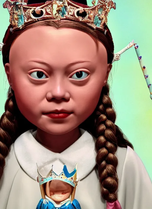 Image similar to closeup face profile portrait of tin toy greta thunberg as a nun princess wearing a crown eating cakes, bikini, depth of field, zeiss lens, detailed, symmetrical, centered, fashion photoshoot, by nicoletta ceccoli, mark ryden, lostfish, breathtaking, 8 k resolution, extremely detailed, beautiful, establishing shot, artistic, hyperrealistic, octane render