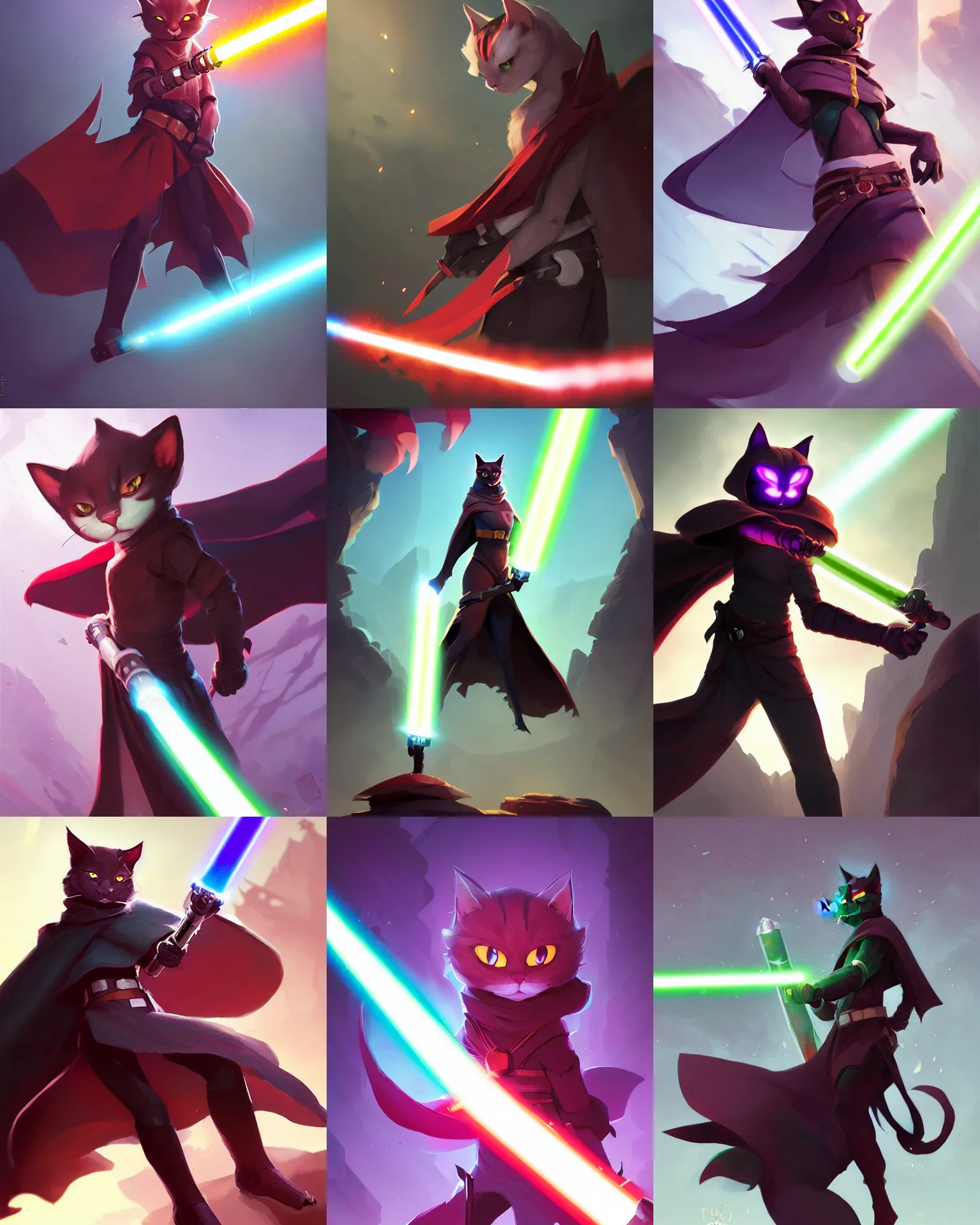 Prompt: Nertoge clairen guilds number one rival of aether warrior, lightsaber, cat tail, cape, windy, magnificent, medium shot, close up, details, sharp focus, elegant, highly detailed, illustration, by Jordan Grimmer and greg rutkowski and PiNe(パイネ) and 薯子Imoko and 香川悠作 and wlop and maya takamura, intricate, beautiful, Trending artstation, pixiv, digital Art