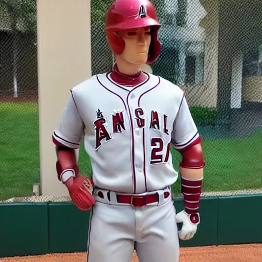 Image similar to “a realistic detailed photo of a guy who is an attractive humanoid who is half robot and half humanoid, who is a male android, baseball player Mike Trout, shiny skin, posing like a statue, blank stare, on the baseball field, on display”