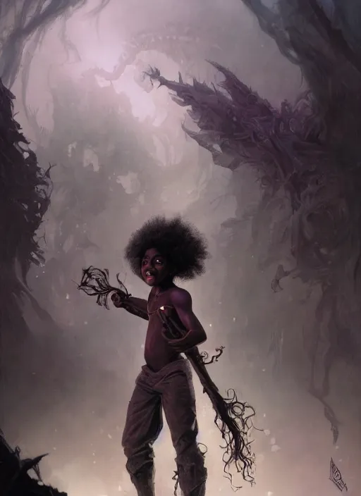 Image similar to fantasy changeling black kid with long curly hair playing electric guitar, two half's between, dim light, front game card, marvel comics, dark, intricate, highly detailed, smooth, artstation, digital illustration by ruan jia and mandy jurgens and artgerm and wayne barlowe and greg rutkowski and zdislav beksinski