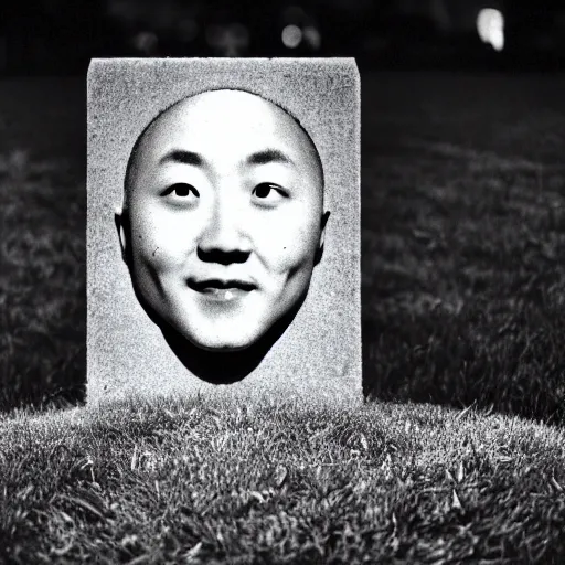 Prompt: a headstone with justin sun hologram, by annie leibovitz, shallow depth of field, cinematic lighting, dystopian futurism, dirty hand reaching up