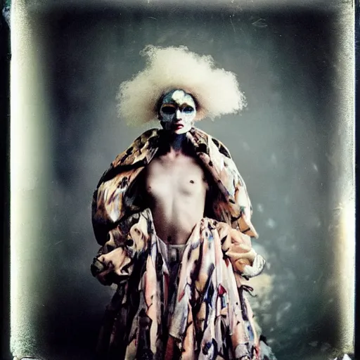 Image similar to damaged kodak portra 4 0 0, wetplate, photo of a surreal artsy dream scene,, very beautiful model, weird fashion, grotesque, extravagant dress, strange pose, carneval, with an animal, wtf, photographed by paolo roversi style