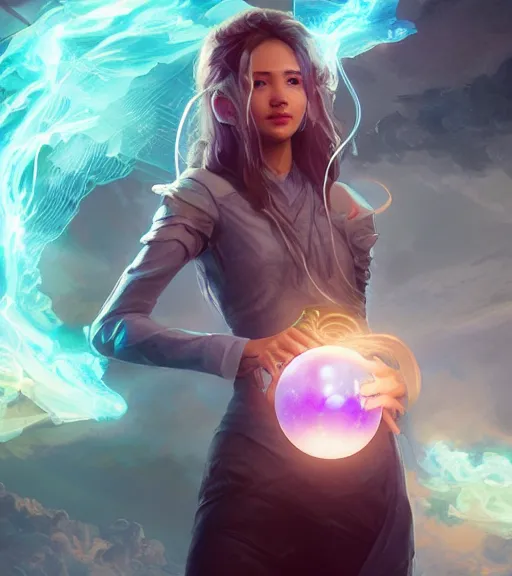 Prompt: girl holding a crystal ball of electric clouds highly detailed, trending on Artstation, Unreal Engine 4k, cinematic wallpaper by Stanley Artgerm Lau, WLOP, Rossdraws, James Jean, Andrei Riabovitchev, Marc Simonetti, and Sakimichan