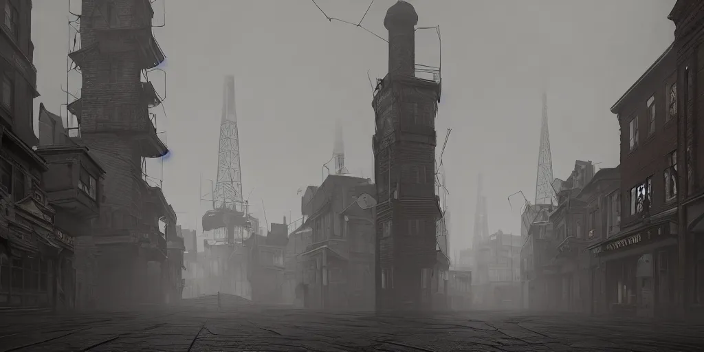 Image similar to A street-level view of a gloomy fantasy Victorian-era town, single-point perspective centered in a single tall foreboding radio tower with cast-iron walkways; cloudy weather, artstation, octane render, cgi, cgsociety, volumetric lighting, cinematic, colorful, ray traced, ambient occlusion, depth of field, fog,