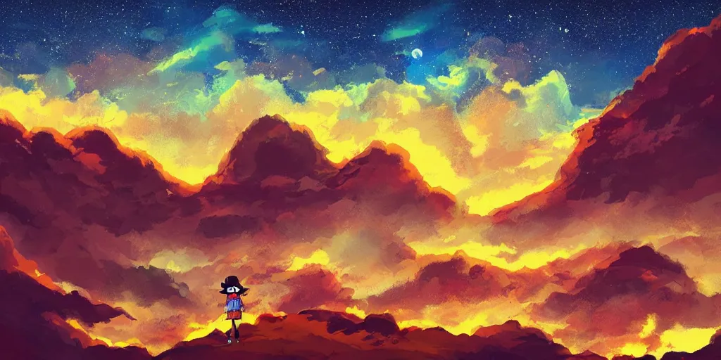 Prompt: luffy, mountain landscape, night sky, digital art, digital painting, celestial, majestic, playful, colorful