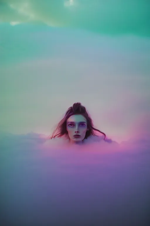 Image similar to high quality pastel coloured film close up wide angle photograph of a model wearing clothing swimming on cloud furniture in a icelandic black rock!! environment in a partially haze filled dreamstate world. three point light, rainbow. photographic production. art directed. pastel colours. volumetric clouds. pastel gradient overlay. waves glitch artefacts. extreme facial clarity. 8 k. filmic.