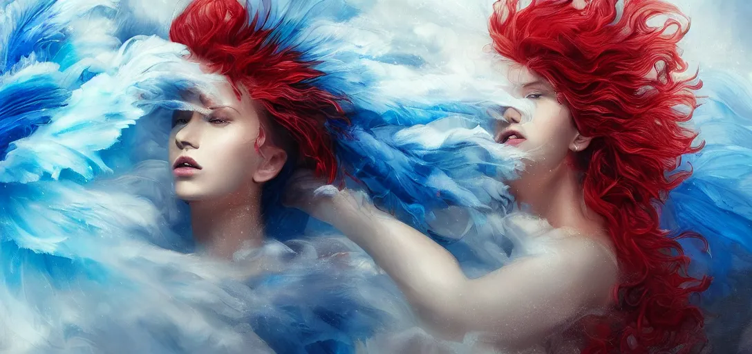 Image similar to a painting of a woman who made of curly and transparent feathers and cloud with red edges is holding a sword, a digital painting by charlie bowater, made of many translucent layers of blue feathers and cloud, metaphysical painting, speedpainting, digital painting, holographic undertones, highly saturated colors, 4 k, glossy eyes, concept art, trending on artstation