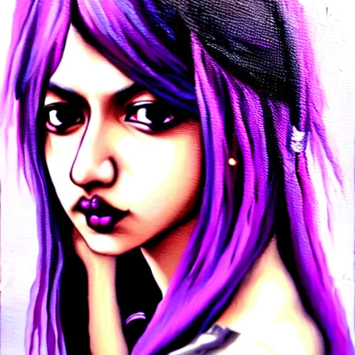 Prompt: oil painting of a punk rock desi college student by raphael, long wavy purple hair, indian girl with brown skin, tokyo fashion, detailed character art, girly, concept art, portrait, japanese streetwear, dramatic pose, shoujo character design, character art, femme, urban, vibrant, highly detailed, Akihiko Yoshida
