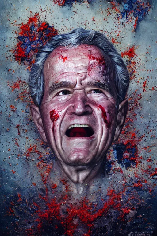 Prompt: uhd hyperrealistic photorealisitc hyperdetailed detailed george bush head exploding, puking blood, screaming, with sparking circuits, studio lighting, by ayami kojima amano karol bak, greg hildebrandt and mark brooks